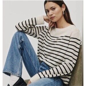 Reformation Cream & Black Striped Crewneck Sweater